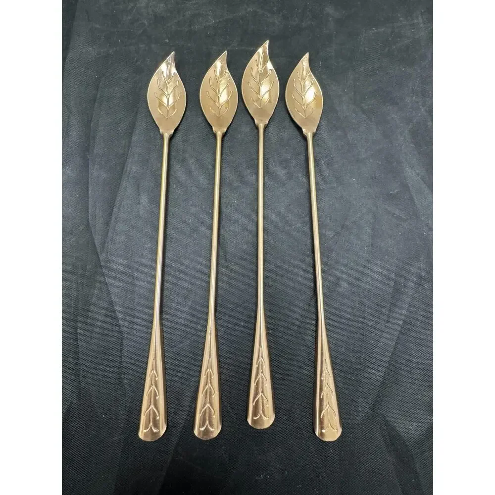 Vtg Gold Tone Leaf Bowl Cocktail Stir Spoon Long Handle Iced Tea Barware 7.5